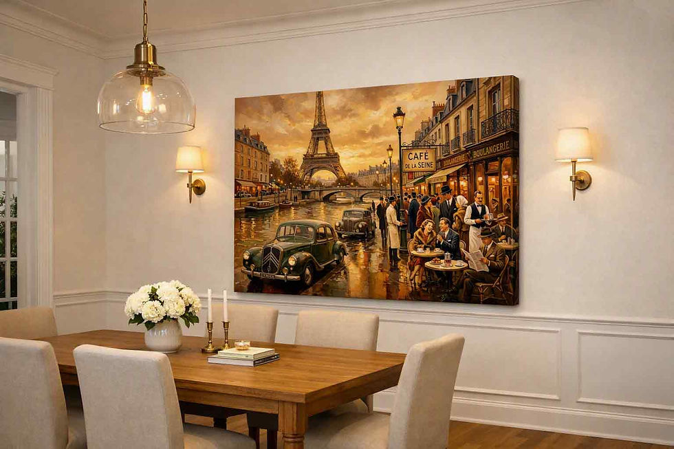 Miniaturbild: Pariser Straßenszene mit Eiffelturm, Café und Oldtimern im Abendlicht