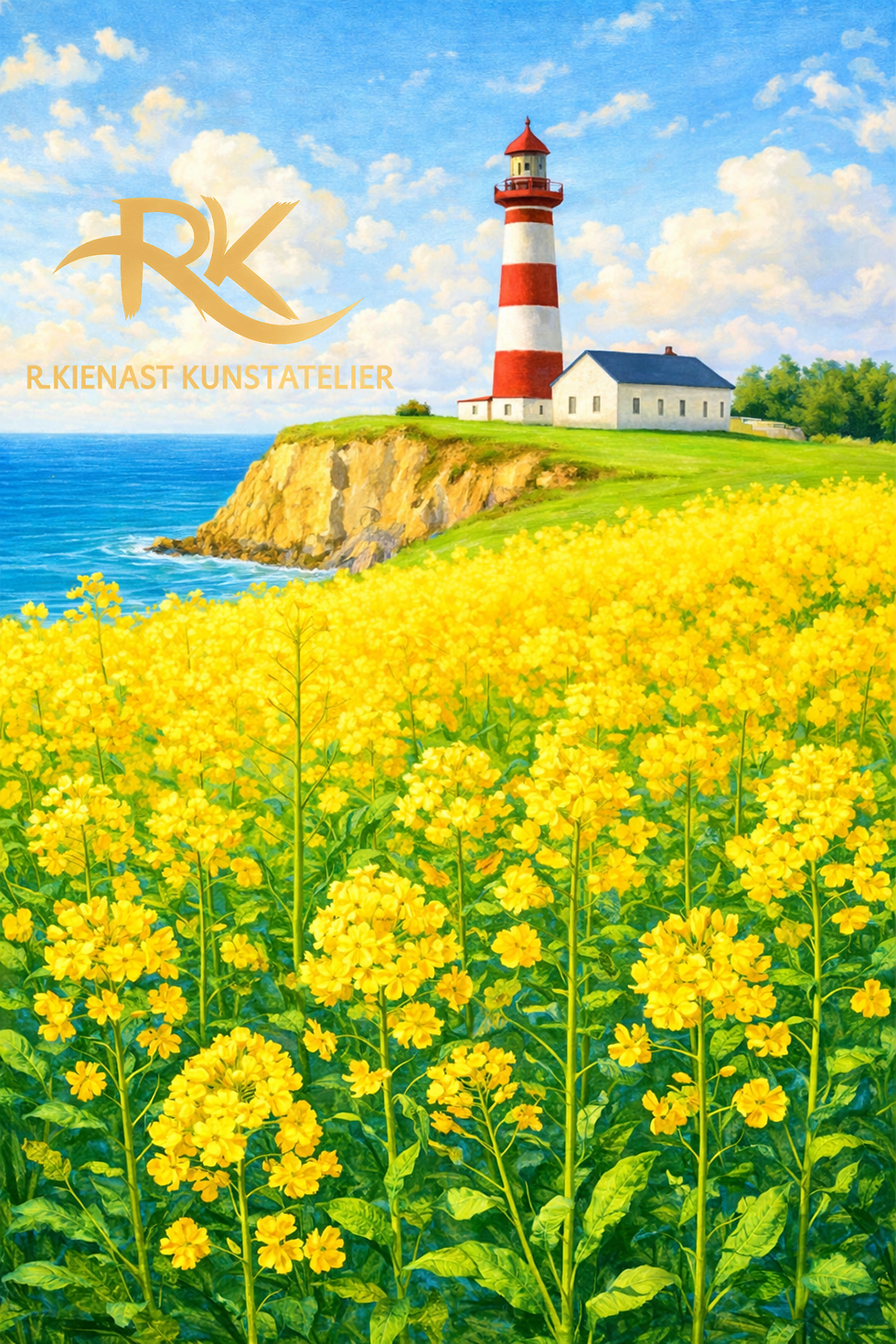 Miniaturbild: Illustration eines rot weißen Leuchtturms an der Küste mit gelbem Blütenfeld und Meer im Hochformat
