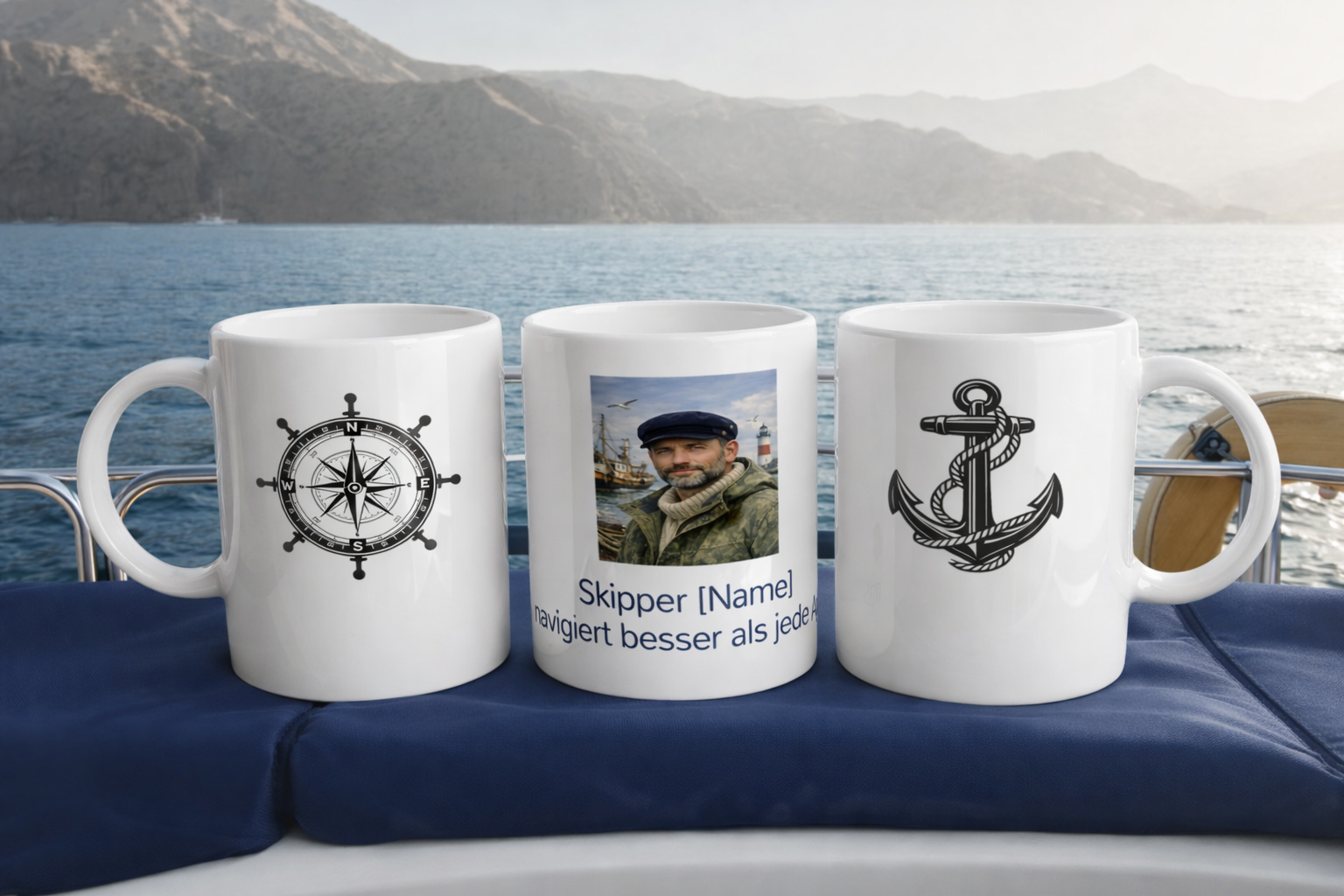 Personalisierte Panorama Tasse mit Wunschfoto, Skipper Name, Anker und Kompass – maritimes Design für Segler undMeerliebhaber