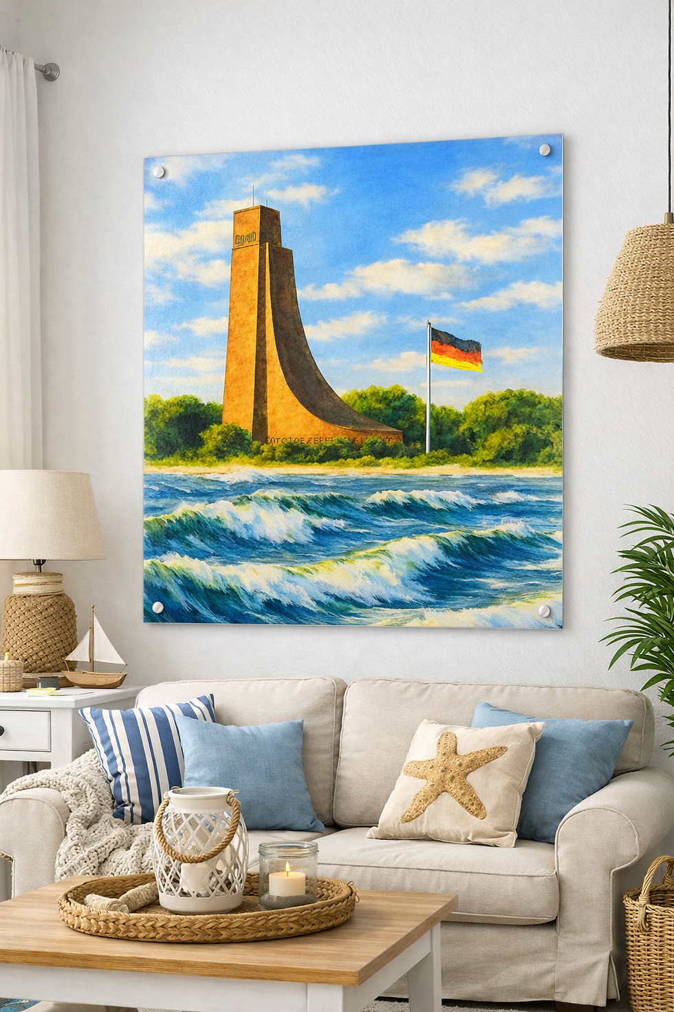 Aquarell des Marine Ehrenmals Laboe mit Meer, Wellen und dramatischem Himmel