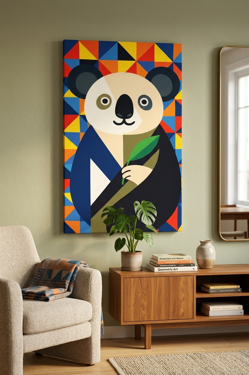 Miniaturbild: Geometrische Koala Illustration mit Blatt vor buntem Mosaik Hintergrund hinter Acrylglas