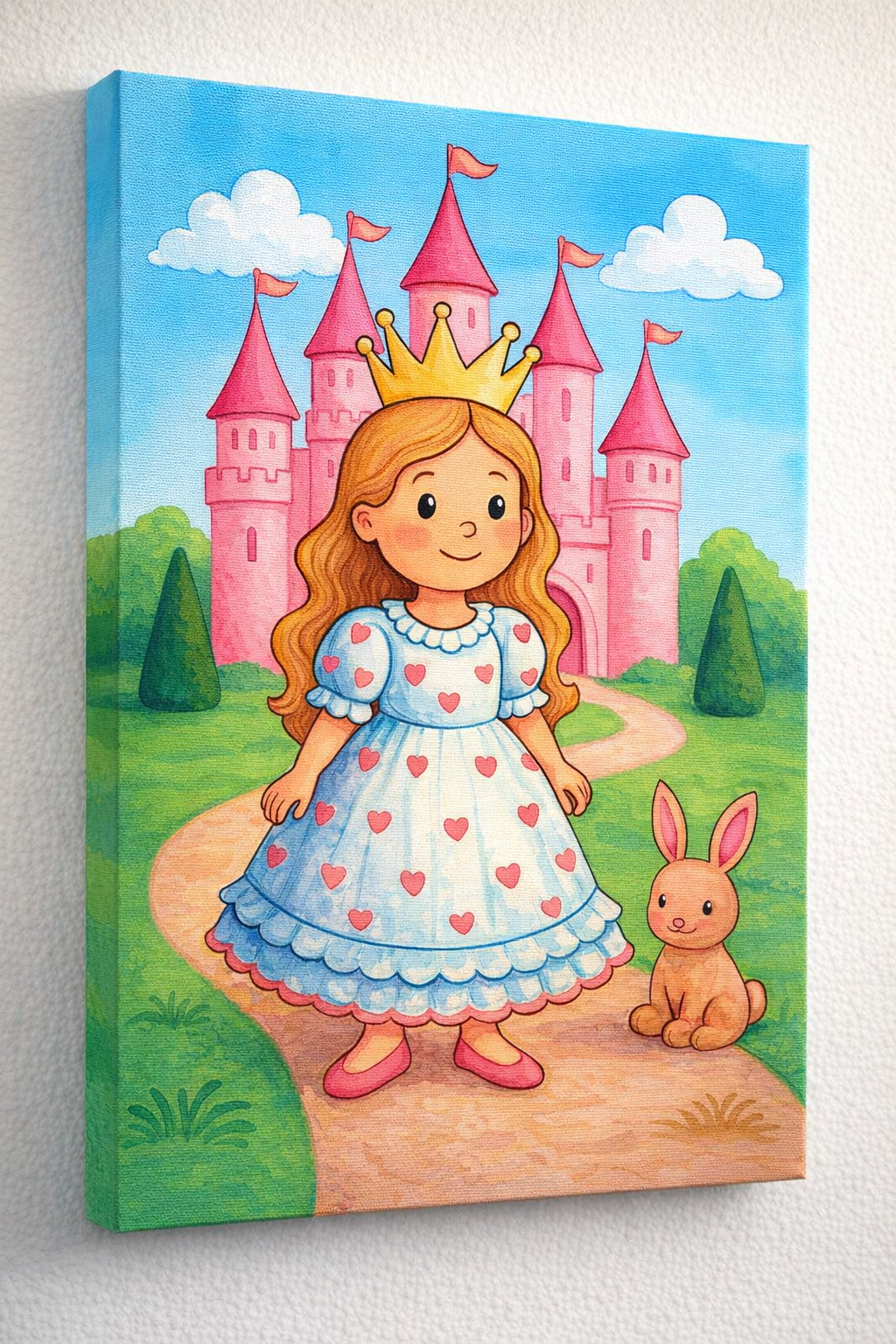 Prinzessin mit Krone und Kleid vor rosa Schloss, begleitet von rosa Hase – märchenhafte Kinderzimmer Deko im Cartoonstil