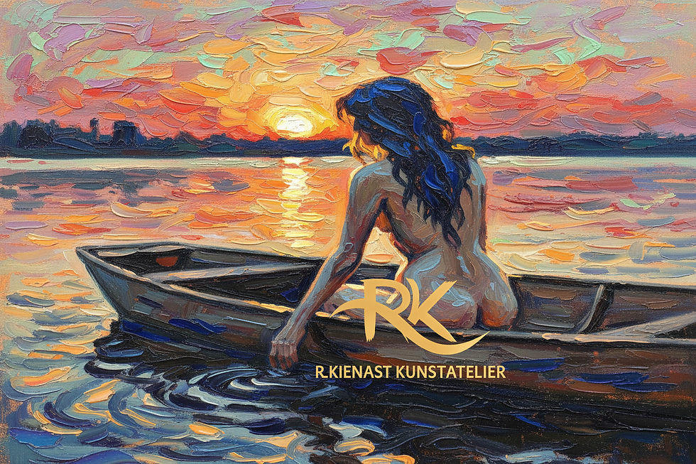 Miniaturbild: Romantische Illustration einer Figur im Boot im farbintensiven Sonnenuntergang über ruhigem Wasser