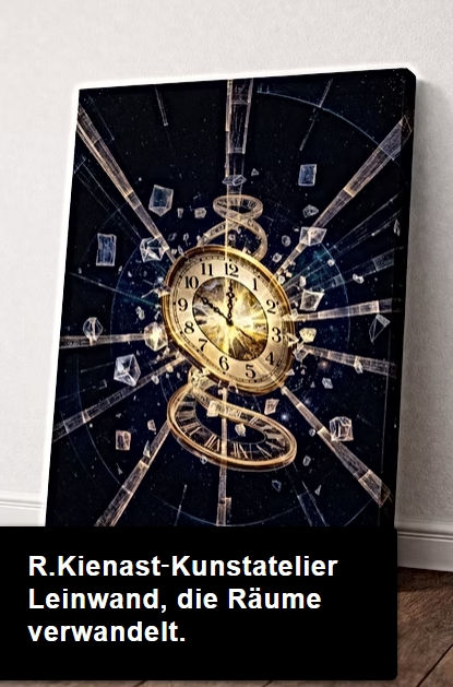 Miniaturbild: Goldene Uhr im Kosmos mit Zeitspiralen und Fragmenten hinter Acrylglas