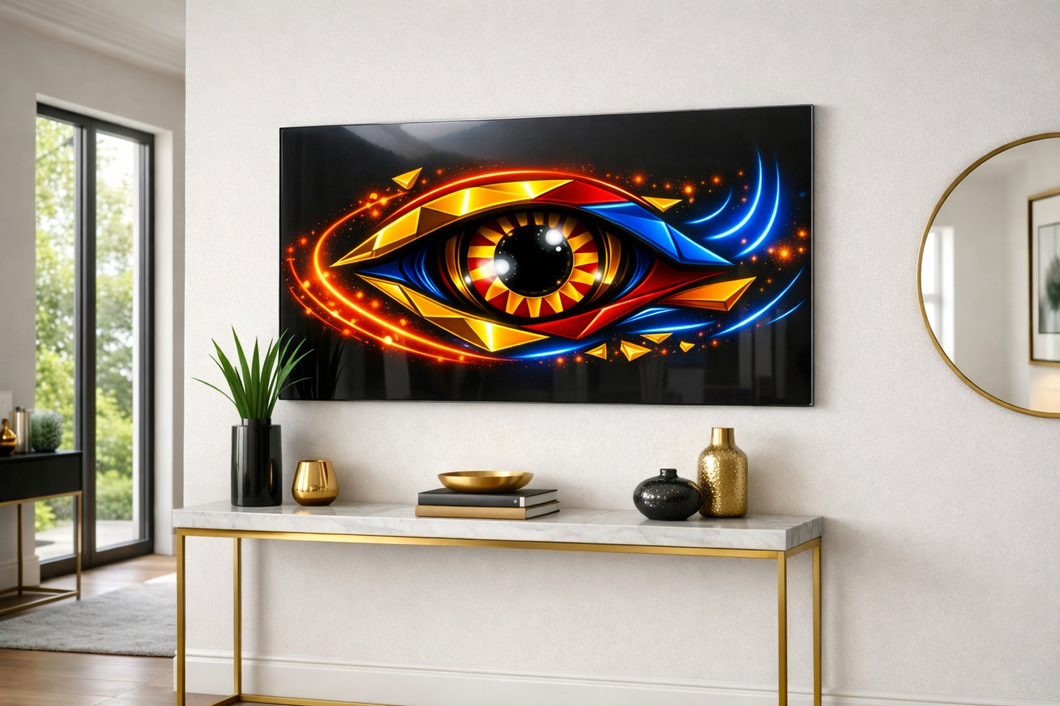 Geometrisch gestaltetes Auge in leuchtenden Farben – moderne Wanddeko im Querformat.