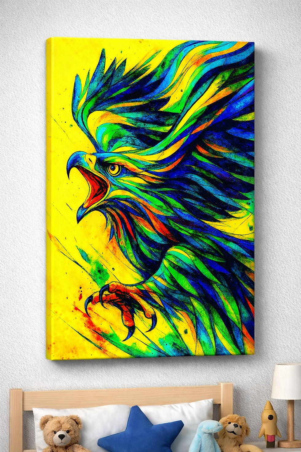Abstrakte Adlerillustration im dynamischen Sturzflug hinter Acrylglas im Hochformat