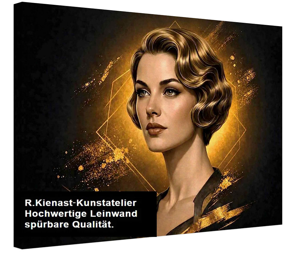 Miniaturbild: Art Deco Porträt einer Frau mit goldenem Hintergrund und geometrischen Formen – Vintage Wandbild.