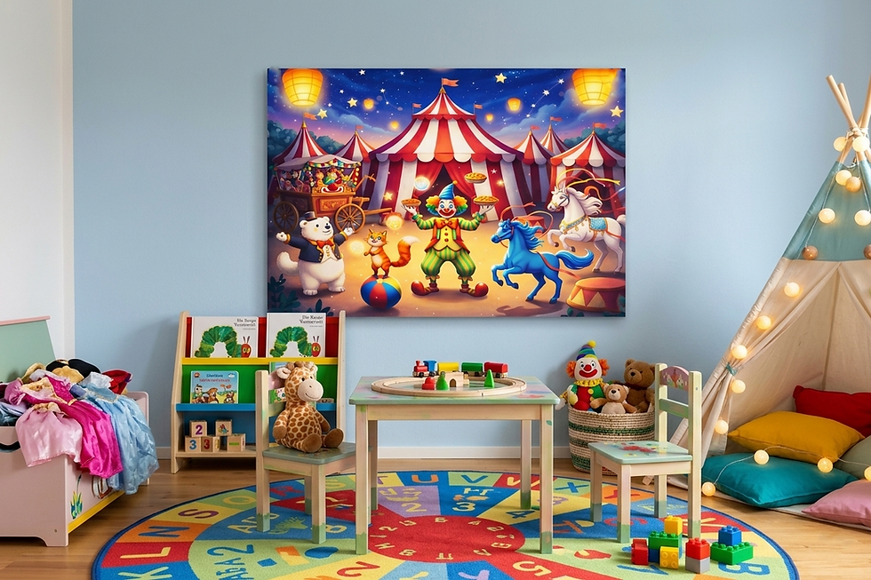 Miniaturbild: Clown jongliert in bunter Zirkusnacht, umgeben von Bär, Katze auf Ball, zwei Pferden und leuchtenden Zelten 