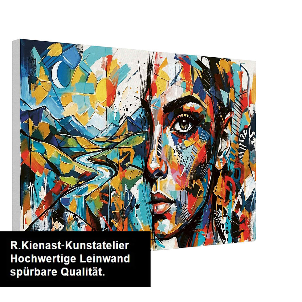 Abstraktes Porträt mit Landschaft, Sonne und Mond in kräftigen Farben – moderne Wanddeko im Querformat