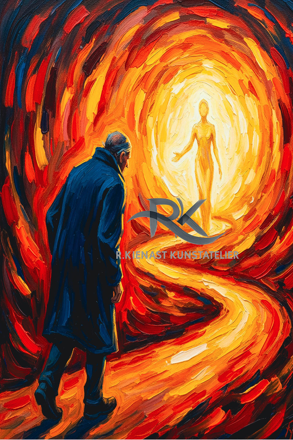 Miniaturbild: Person auf leuchtendem Pfad – spirituelle Kunst im Hochformat hinterAcrylglas