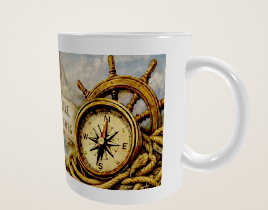 Panorama Tasse mit Anker, Kompass, Schiff und inspirierendem Spruch