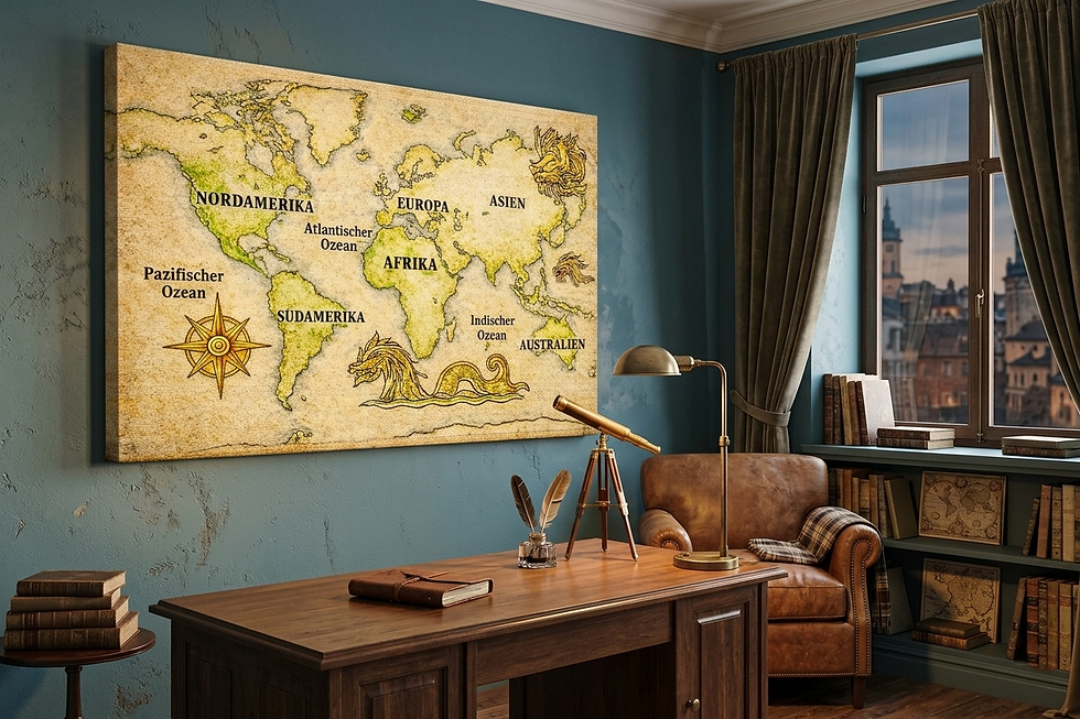 Antike Weltkarte mit Kompassrose und Seemonstern – Vintage Maps hinter Acrylglas