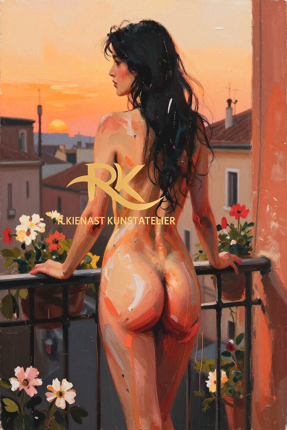 Miniaturbild: Romantische Illustration einer Figur auf einem Balkon im warmen Sonnenuntergang über mediterranen Dächern