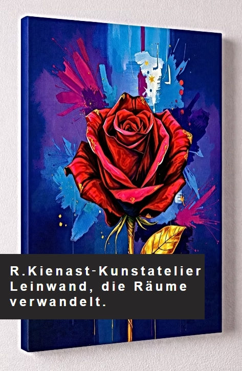 Miniaturbild: Abstrakte rote Rose mit goldenem Stiel und farbigem Hintergrund hinter Acrylglas