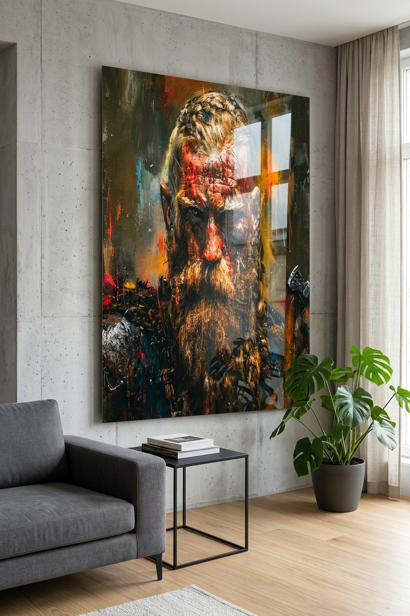 Miniaturbild: Expressives Porträt eines kraftvollen Kriegers mit geflochtenem Haar im Hochformat