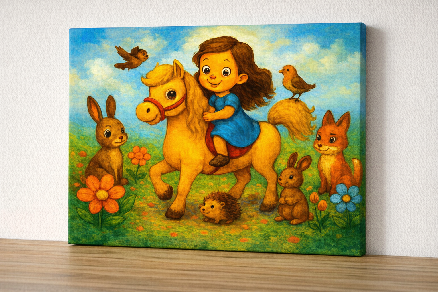 Kind auf gelbem Pony in bunter Wiese, umgeben von Kaninchen, Fuchs, Igel und Vögeln – fröhliche, naturverbundene Kinderzimmer
