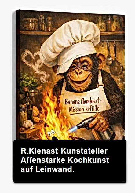 Miniaturbild: Küchenbild mit Affenkoch, flambierender Banane und humorvollem Spruch