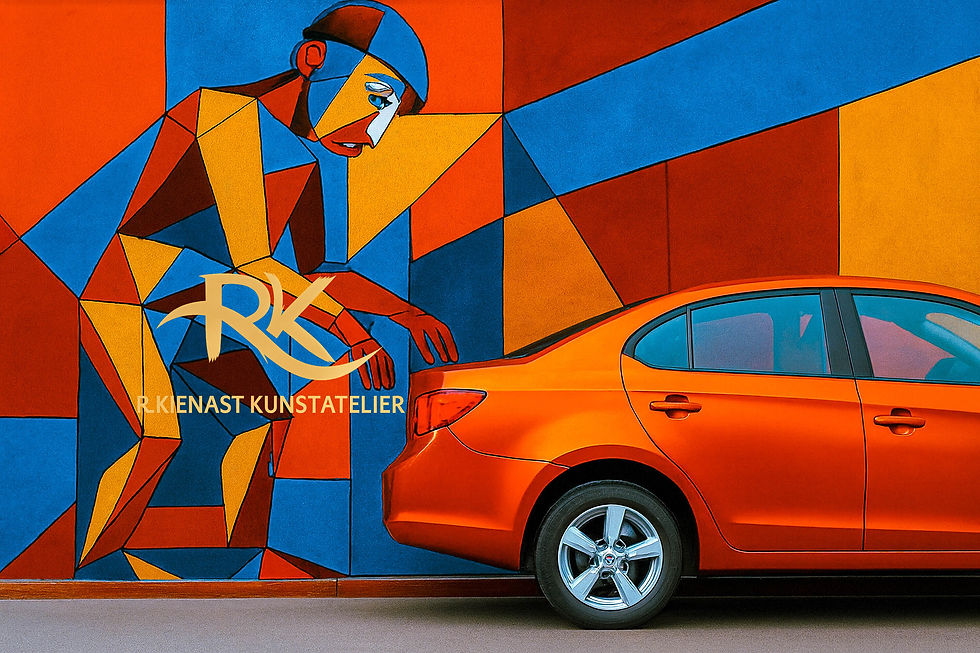 Miniaturbild: Geometrische Urban‑Art‑Leinwand mit farbintensiver Figur und Auto