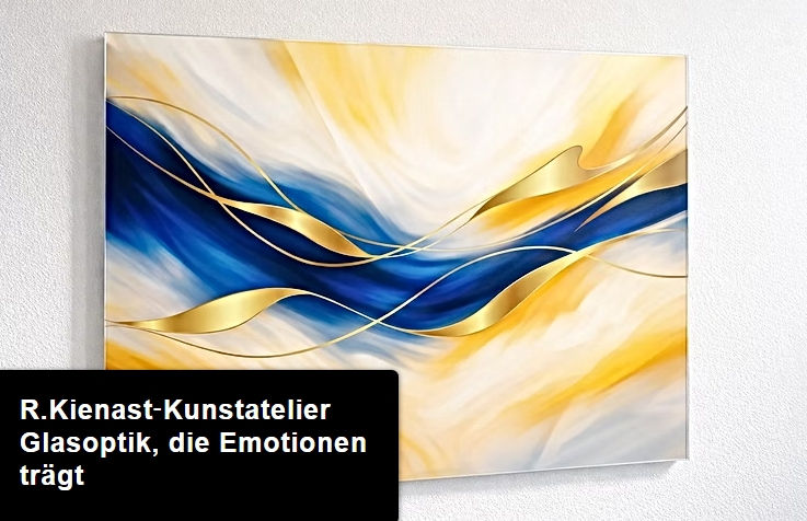Miniaturbild: Abstrakte Komposition mit goldenen Linien auf Blau-Weiß-Beige – moderne Wanddeko im Querformat