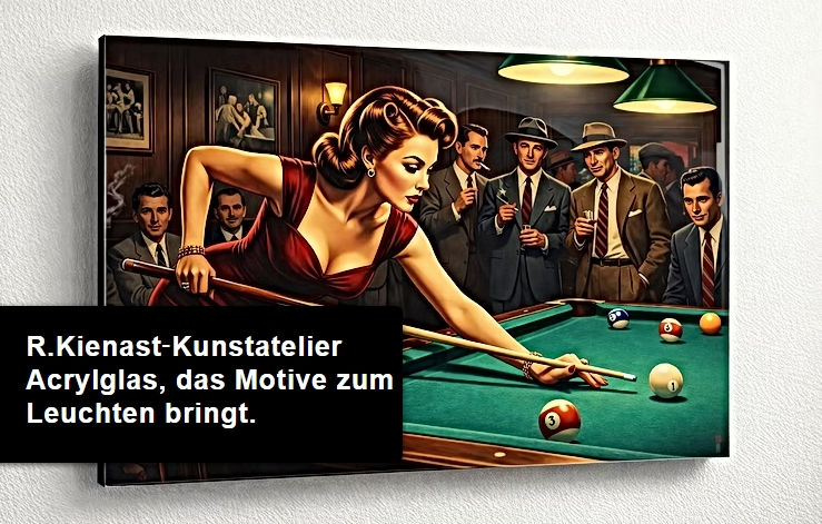 Miniaturbild: Frau im roten Kleid spielt Billard, umgeben von Männern im Retro Stil in einem holzvertäfelten Raum – Vintage Wandbild.
