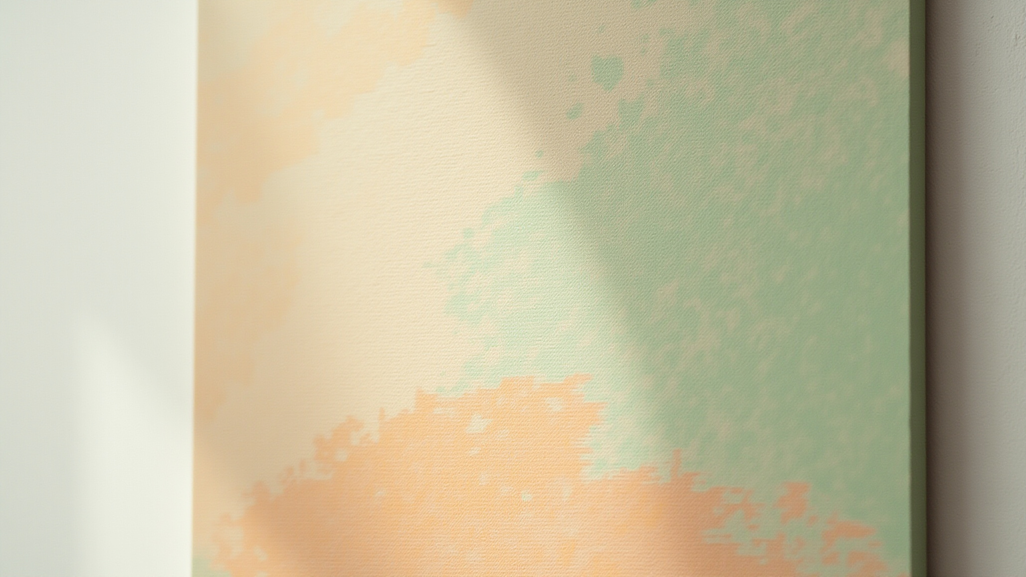 Abstraktes Leinwandbild: pastellfarbene Spritzer in Grün, Beige und Orange, mit Schatten.