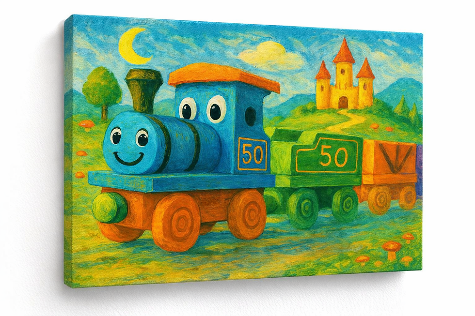 Miniaturbild: Bunte Märcheneisenbahn mit lächelnder Lok, Waggons, Schloss, Hügeln und Mond – fröhliche Kinderzimmer Deko im Cartoonstil.