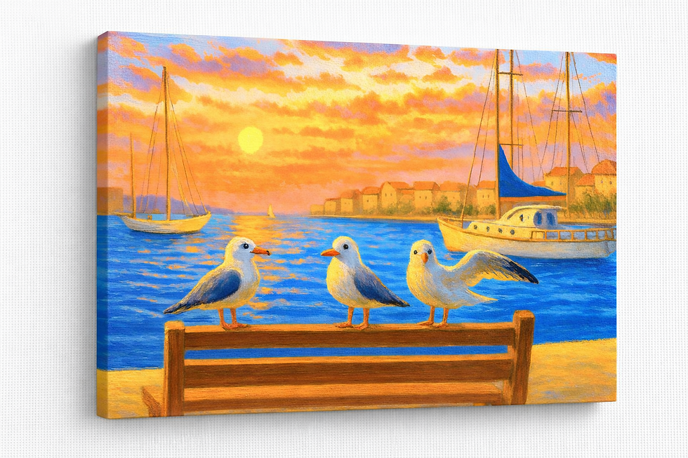 Möwen auf einer Holzbank am Strand bei Sonnenuntergang mit Segelbooten und Küstenstadt im Hintergrund.