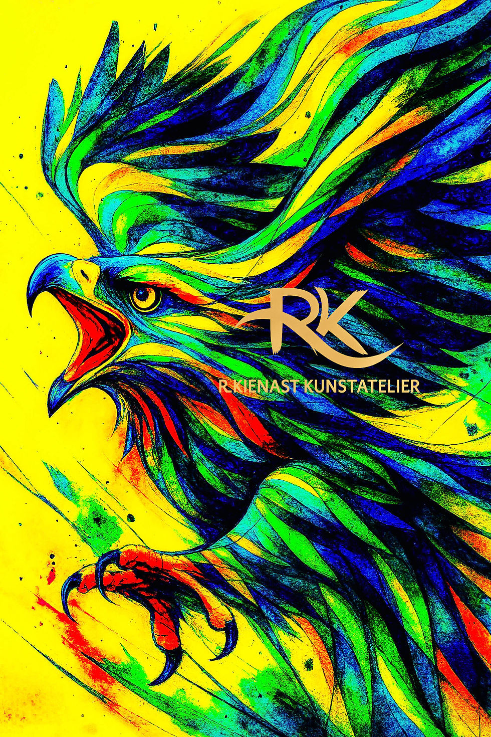Miniaturbild: Abstrakte Adlerillustration im dynamischen Sturzflug hinter Acrylglas im Hochformat