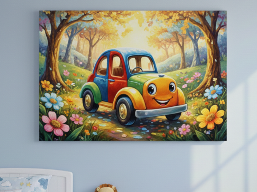 Miniaturbild: wandbild kinderzimmer auto zauberwald illustration