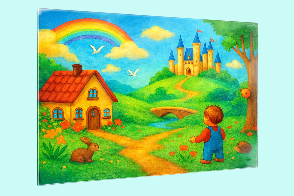 Miniaturbild: Kind auf Märchenweg mit Häuschen, Brücke, Bach, Schloss und Regenbogen – fantasievolle Kinderzimmer Deko im Cartoonstil.