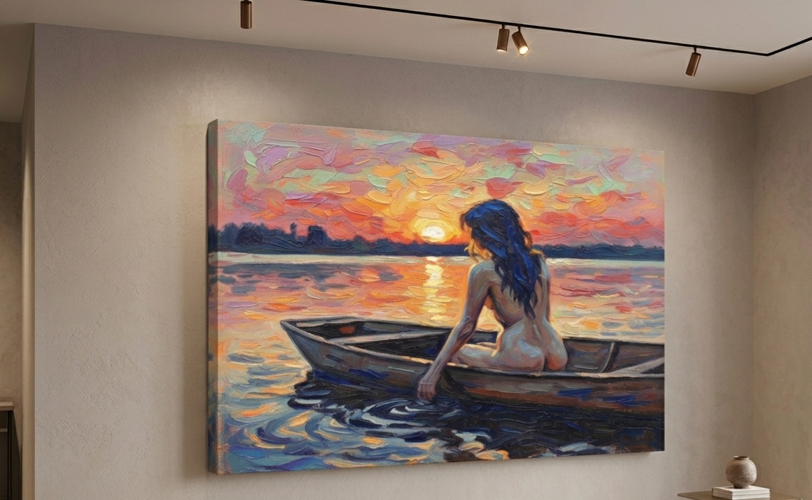 Romantische Illustration einer Figur im Boot im farbintensiven Sonnenuntergang über ruhigem Wasser