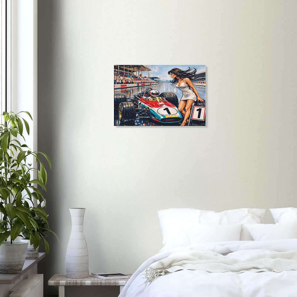 Miniaturbild: Klassischer Formel Rennwagen mit Startnummer 1 und Frau im weißen Kleid auf nasser Strecke – Vintage Rennsport Wandbild.