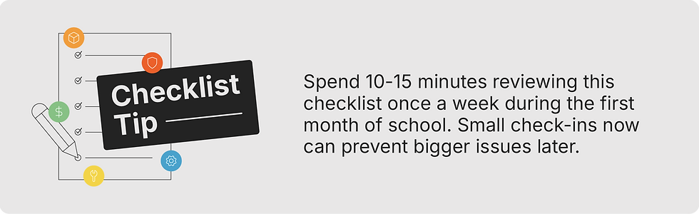 Checklist tip graphic with an illustrated checklist and icons. Text reads: “Spend 10-15 minutes reviewing this checklist once a week during the first month of school. Small check-ins now can prevent bigger issues later.”
