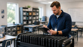 K–12 IT technician reviewing Chromebook inventory on a cart during the first 30 days of school.