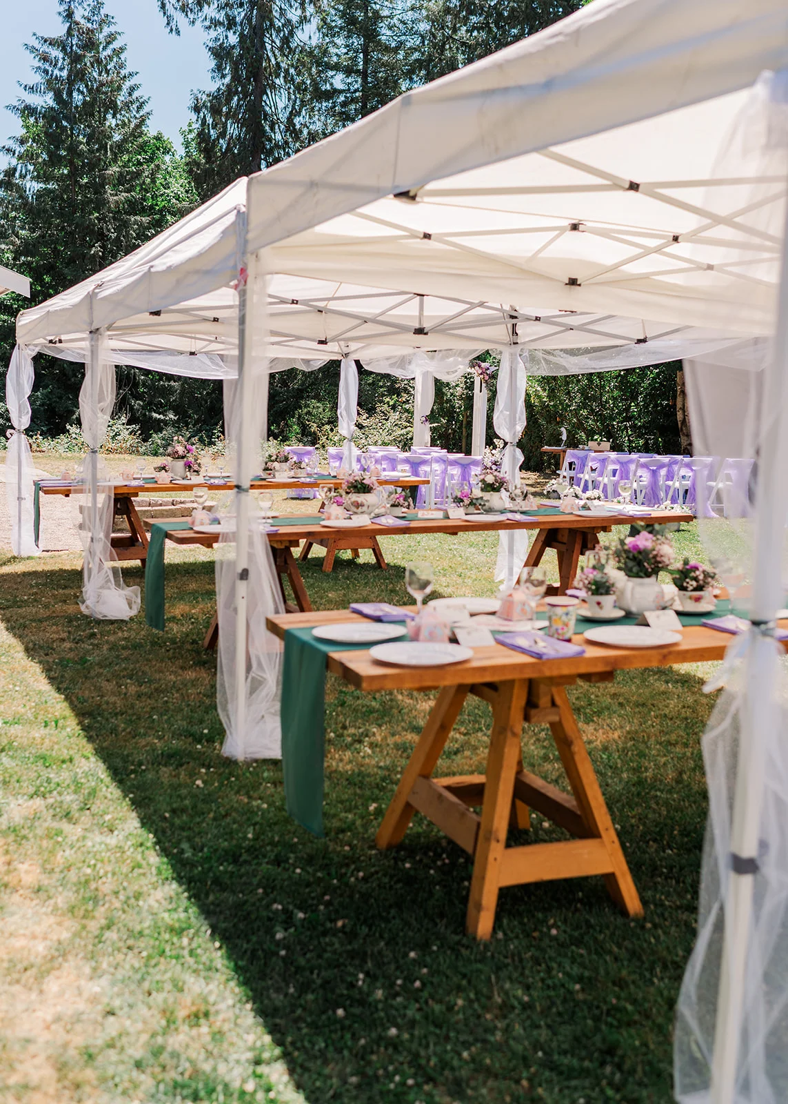 reception set-up for a backyard wedding in mission, british columbia