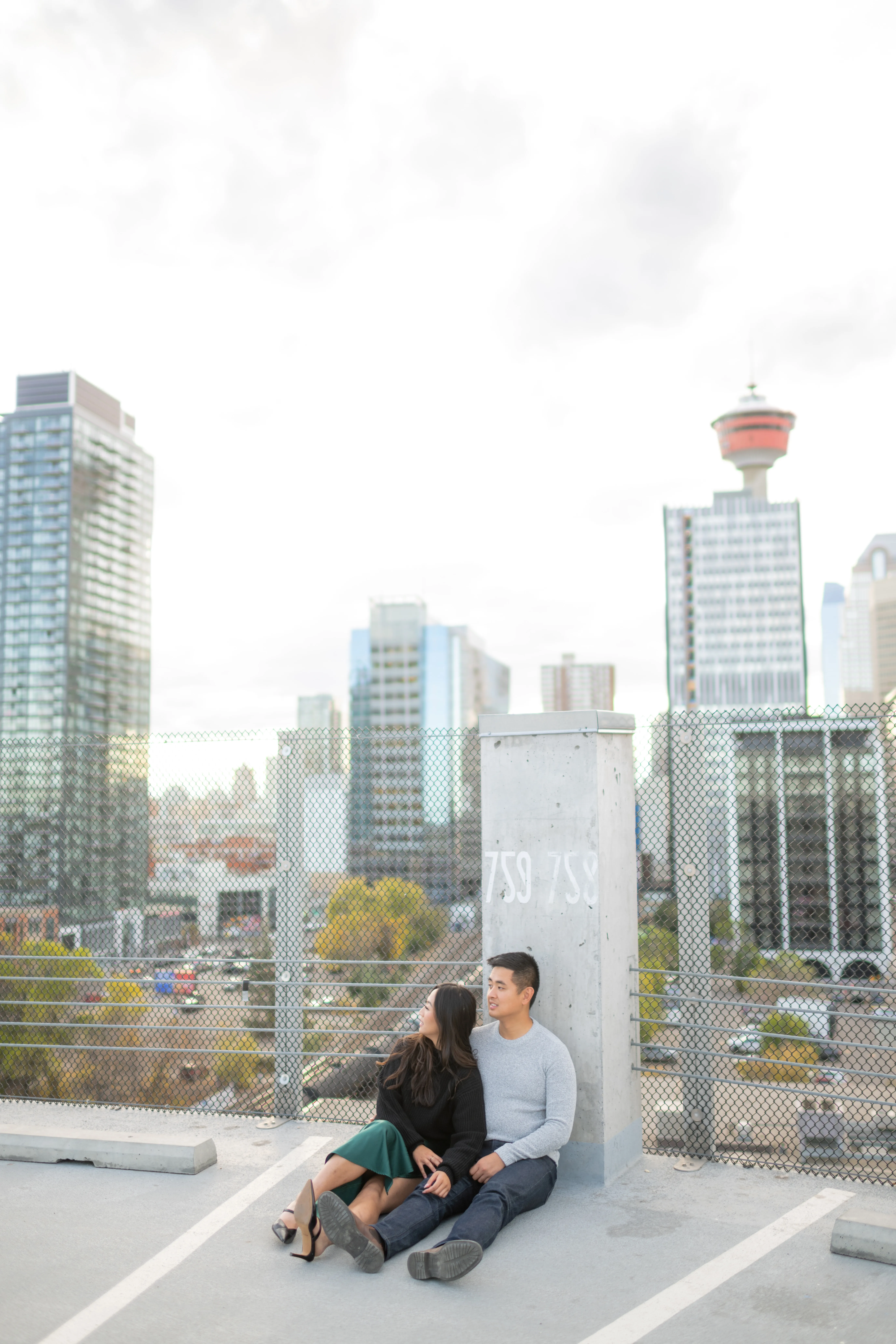Urban couples portraits at Platform Parkade Calgary rooftop