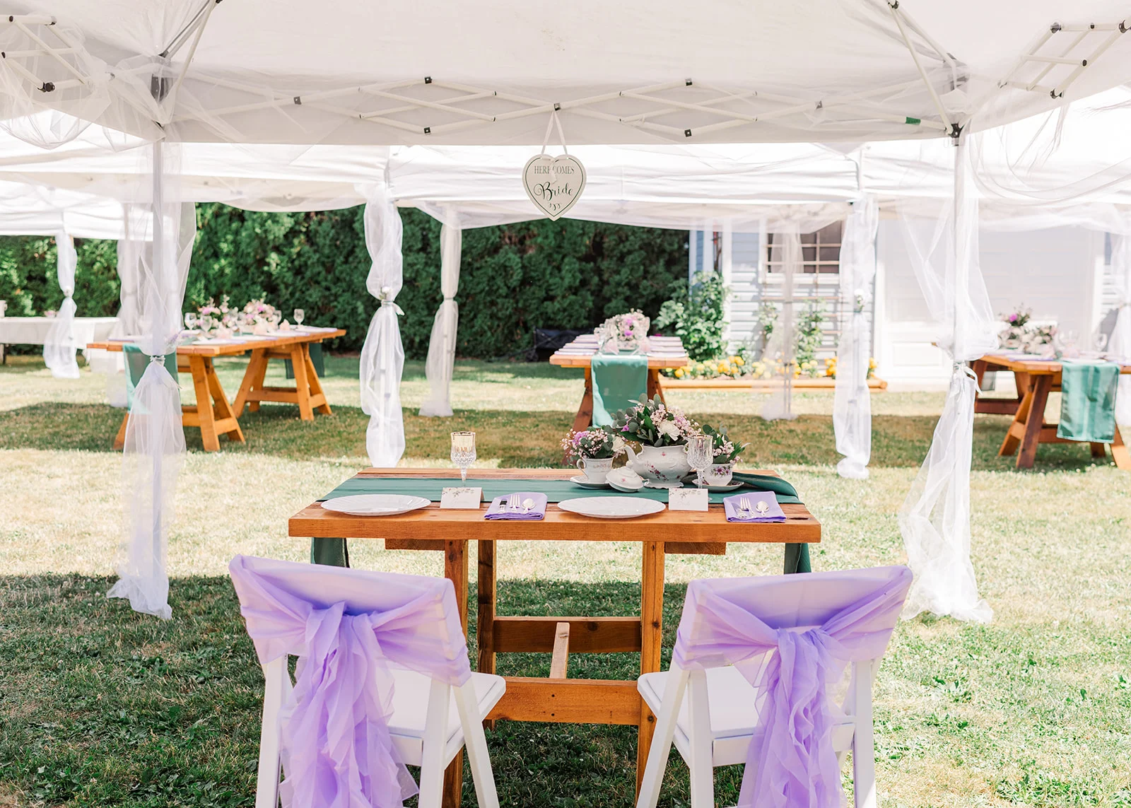 reception set-up for a backyard wedding in mission, british columbia