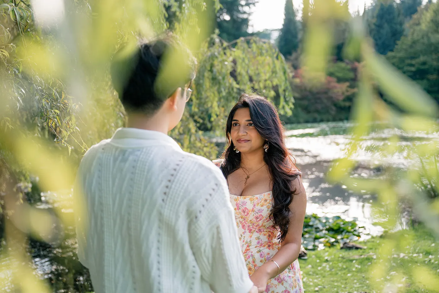 Serene willow tree by the pond at VanDusen Garden, a picturesque spot for a surprise proposal