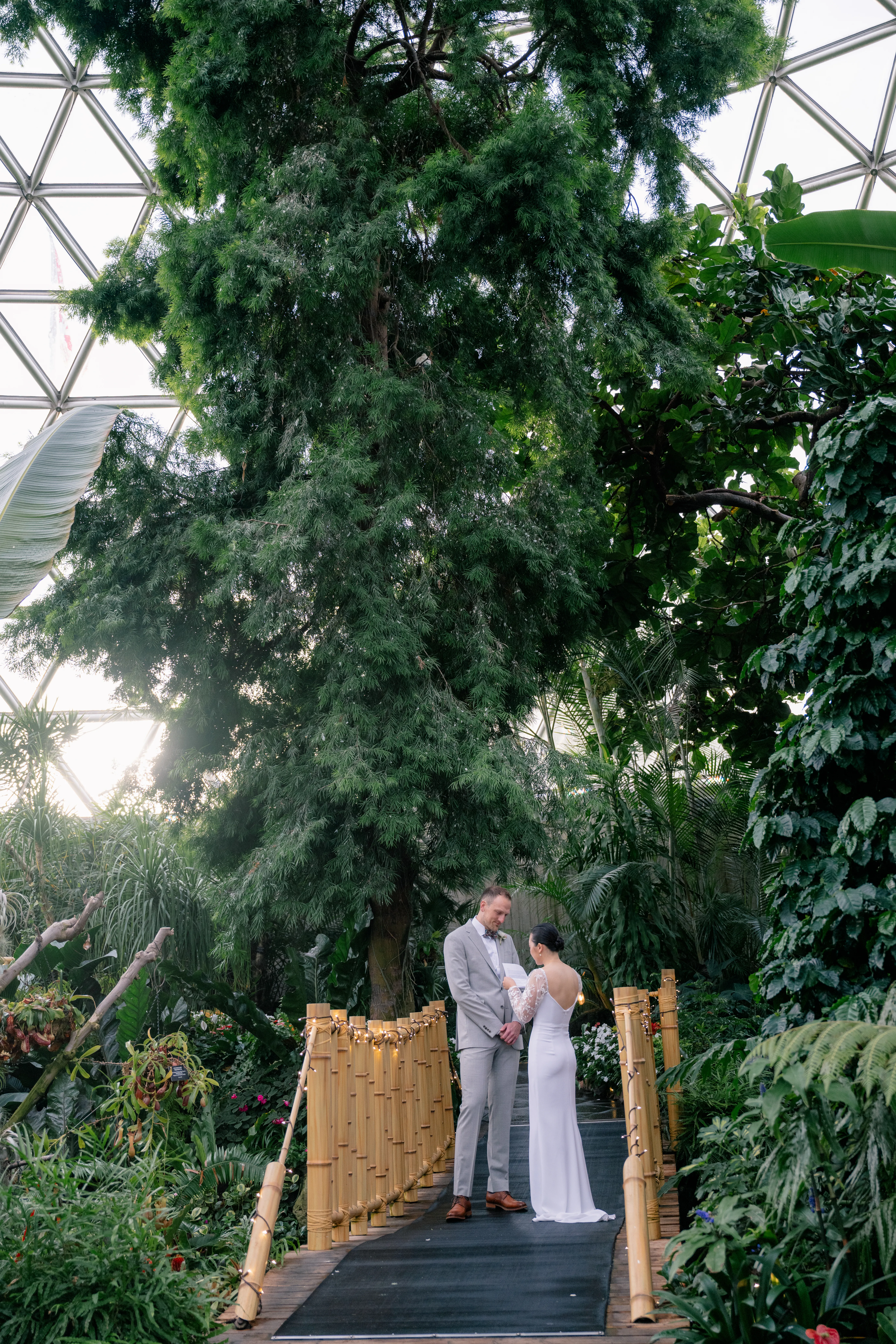 Bride and groom exchanging private vows under the glass dome of Bloedel Conservatory, framed by tropical plants.
