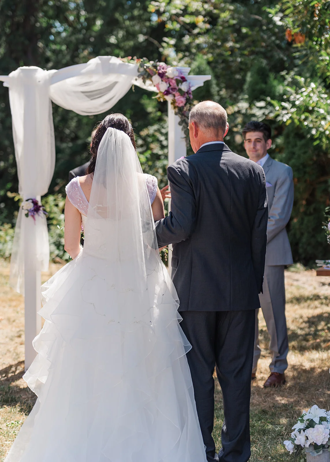 dad walking bride down aisle summer backyard wedding mission, british columbia