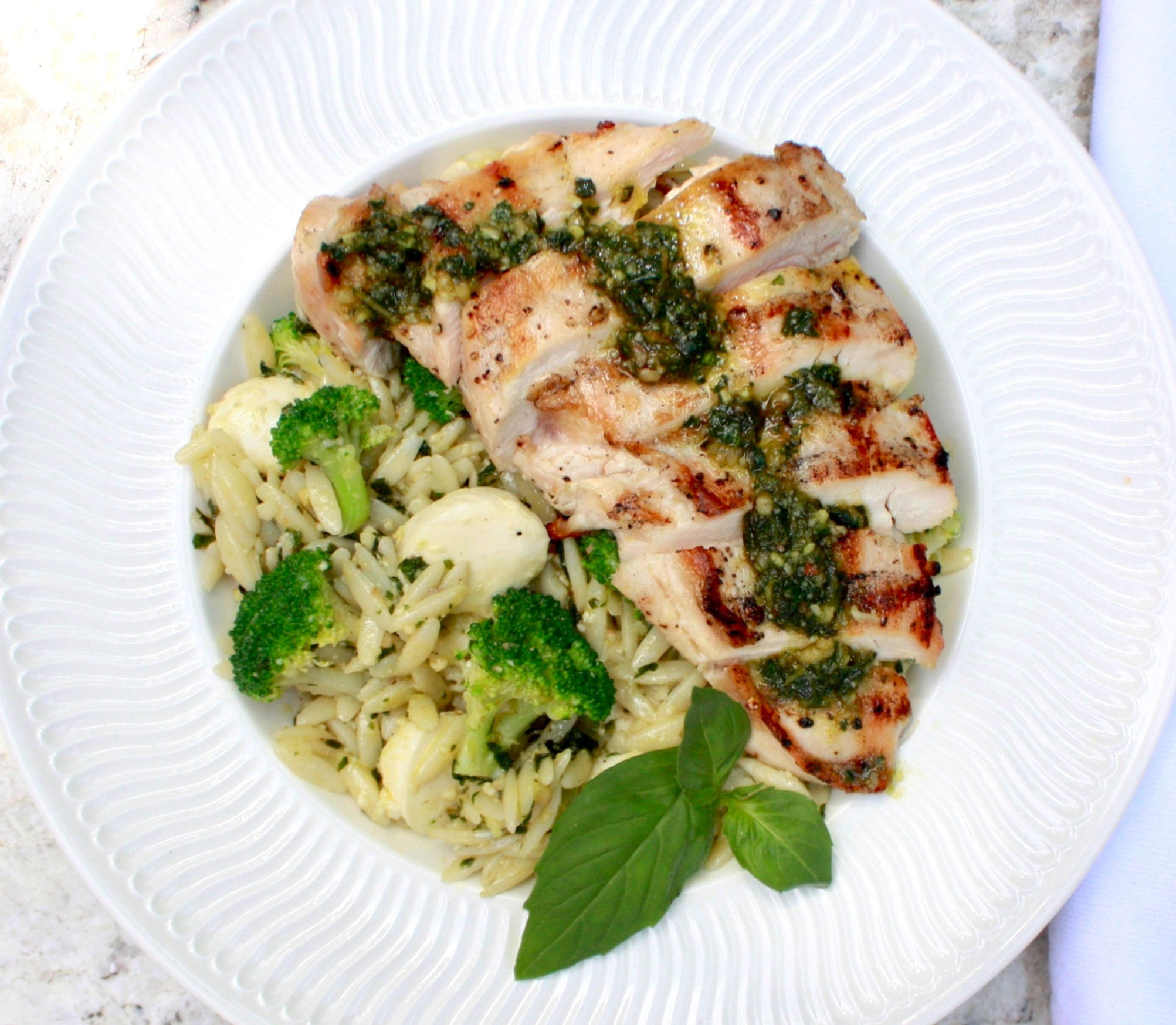 Grilled Mary's Chicken Breast with Orzo Salad and Walnut Pesto