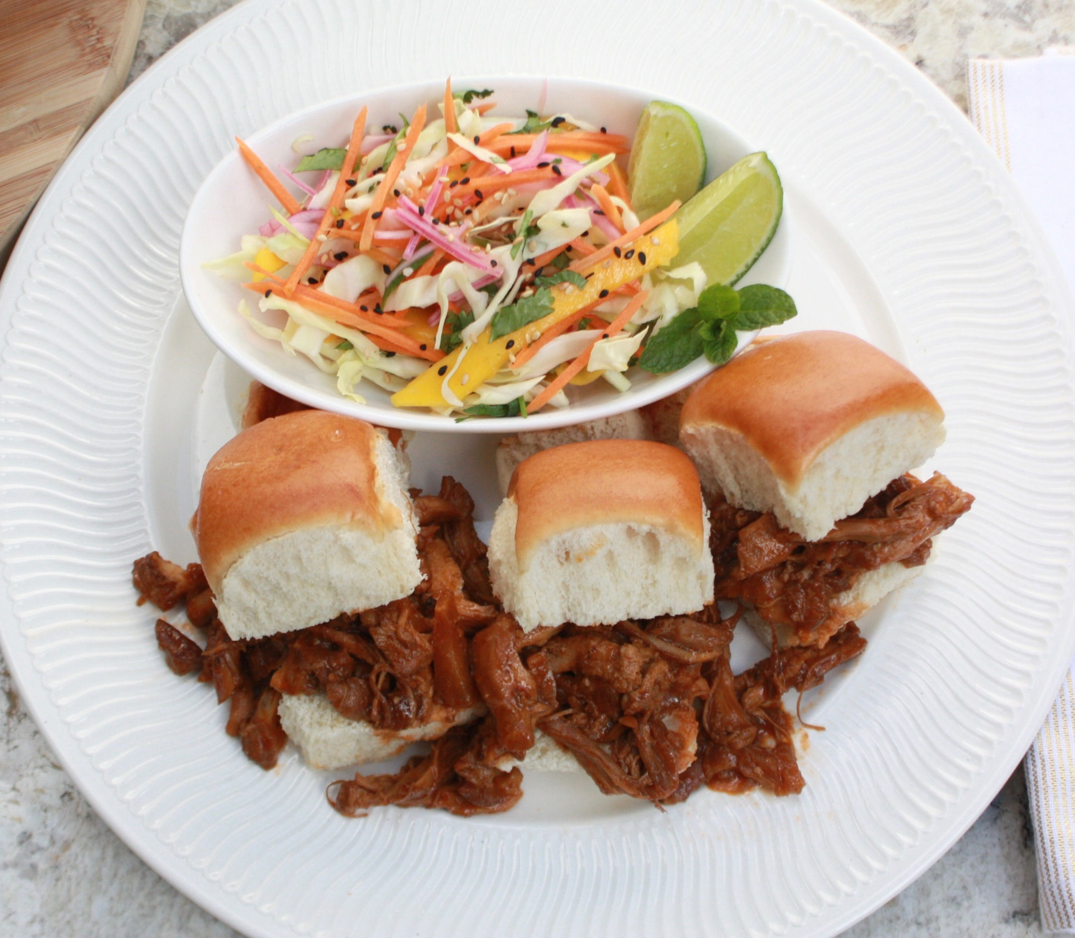 Hawaiian Barbecue Chicken Sliders with Mango Slaw