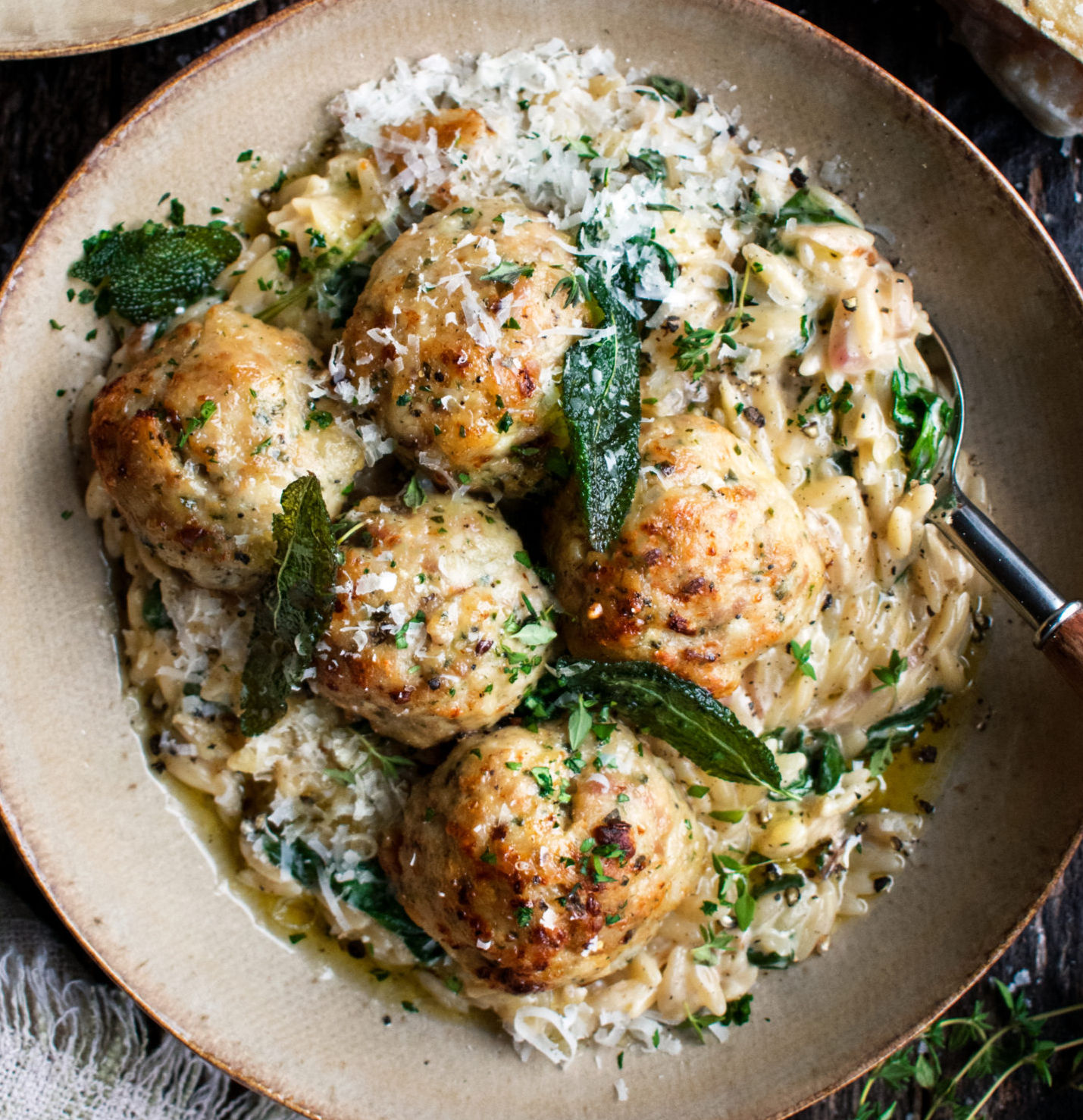 Pesto Chicken Meatballs with Creamy Parmesan Orzotto