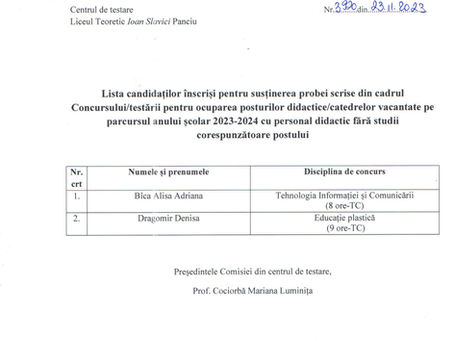 Lista candidaților înscriși pentru ocuparea posturilor vacantate - an școlar 2023-2024