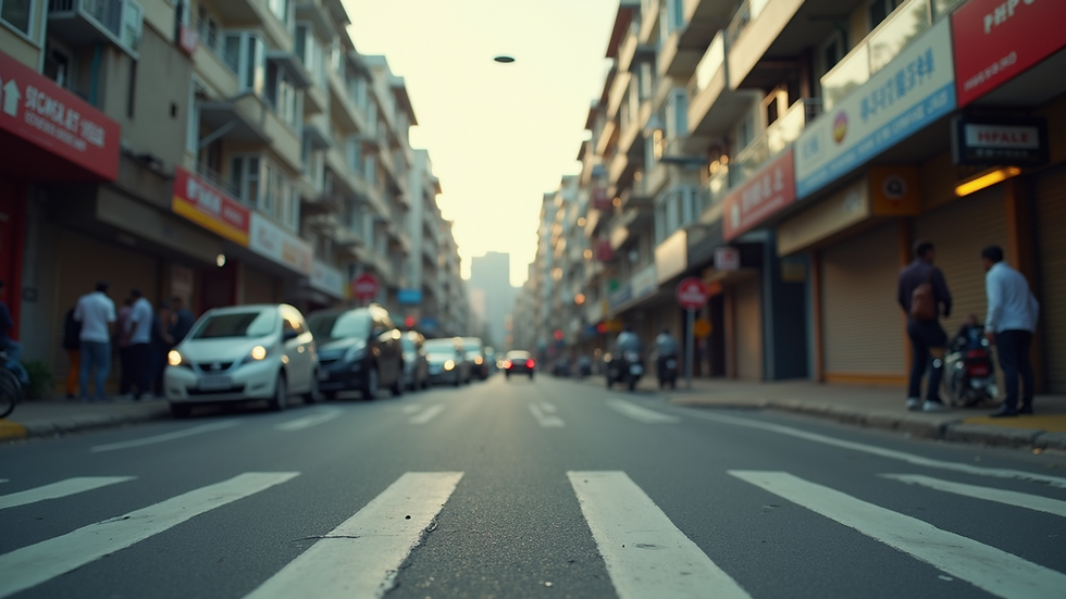 Wide angle view of a bustling urban neighborhood