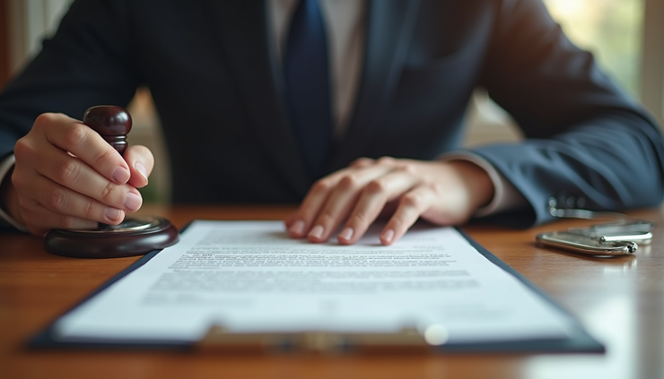 Eye-level view of a notary public stamping a legal document on a wooden desk