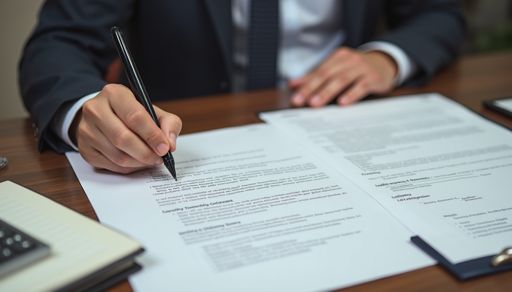 Eye-level view of a notary public’s desk with a stamp and loan documents
