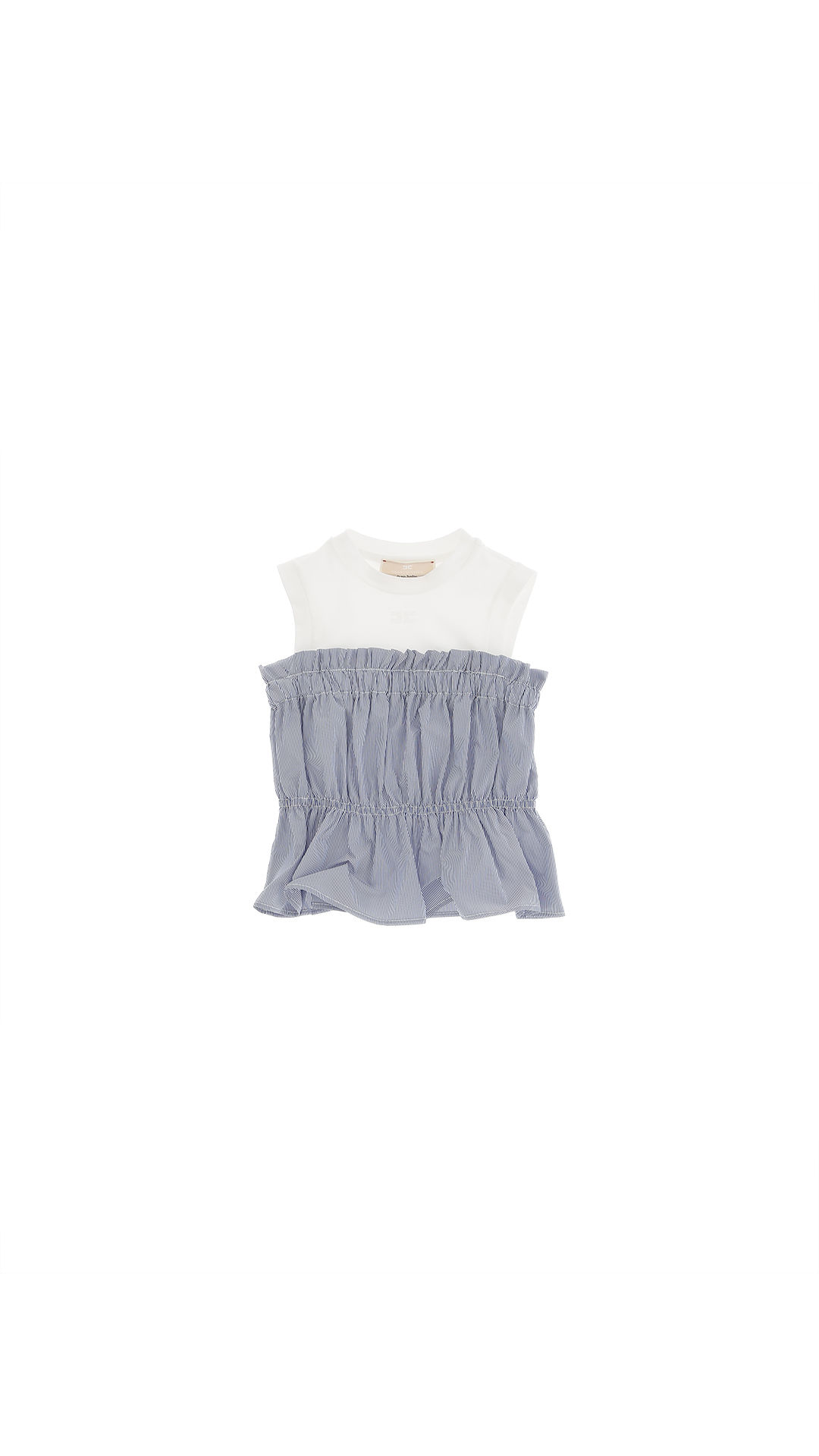 Top in taffeta rigato con arricciatura riga avorio/azzurro