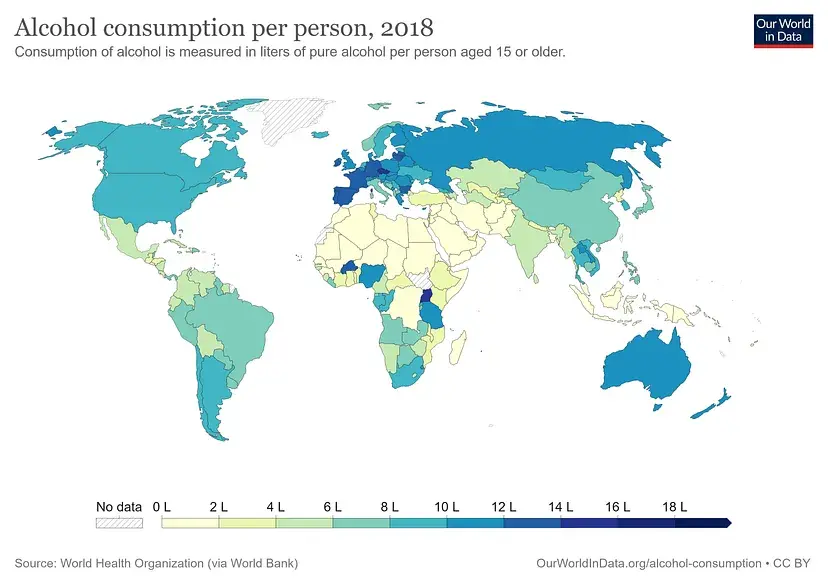 Alcohol Consumption Per Person in 2018, Data Collected From World Bank⁴