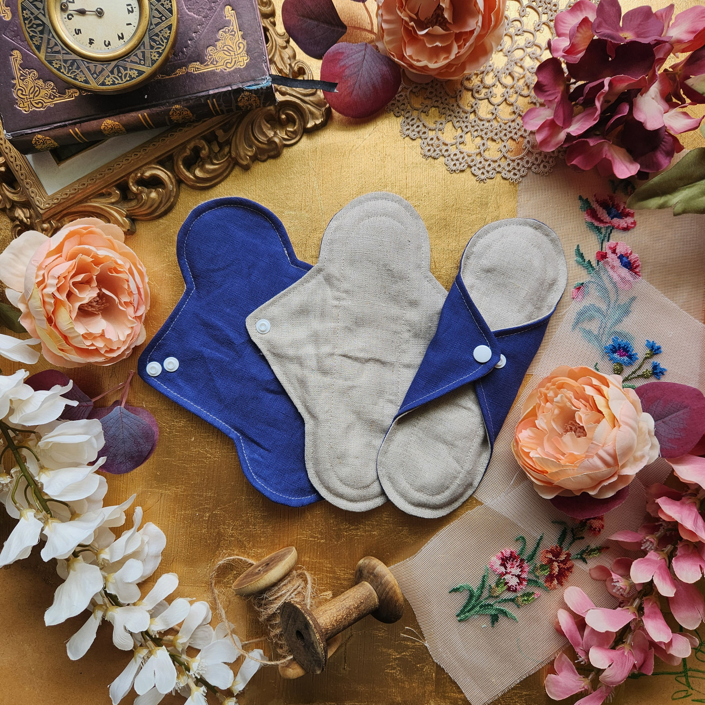 9 inch reusable linen cloth pad with undyed toppers – breathable and natural menstrual and light incontinence care kit